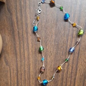 Multicolor Dichroic Glass Bead Station Necklace Silver Tone Adj Chain 17” - 20”